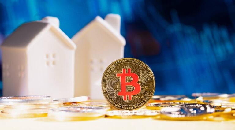 Bitcoin,Coin,Stands,Against,A,Blurred,Blue,Background,With,Financial